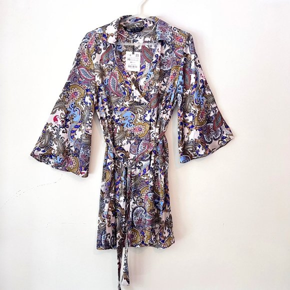 NEW! Zara Satin Kimono Style Paisley Pattern Tunic Mini Dress, Belted Oversized - Picture 7 of 15